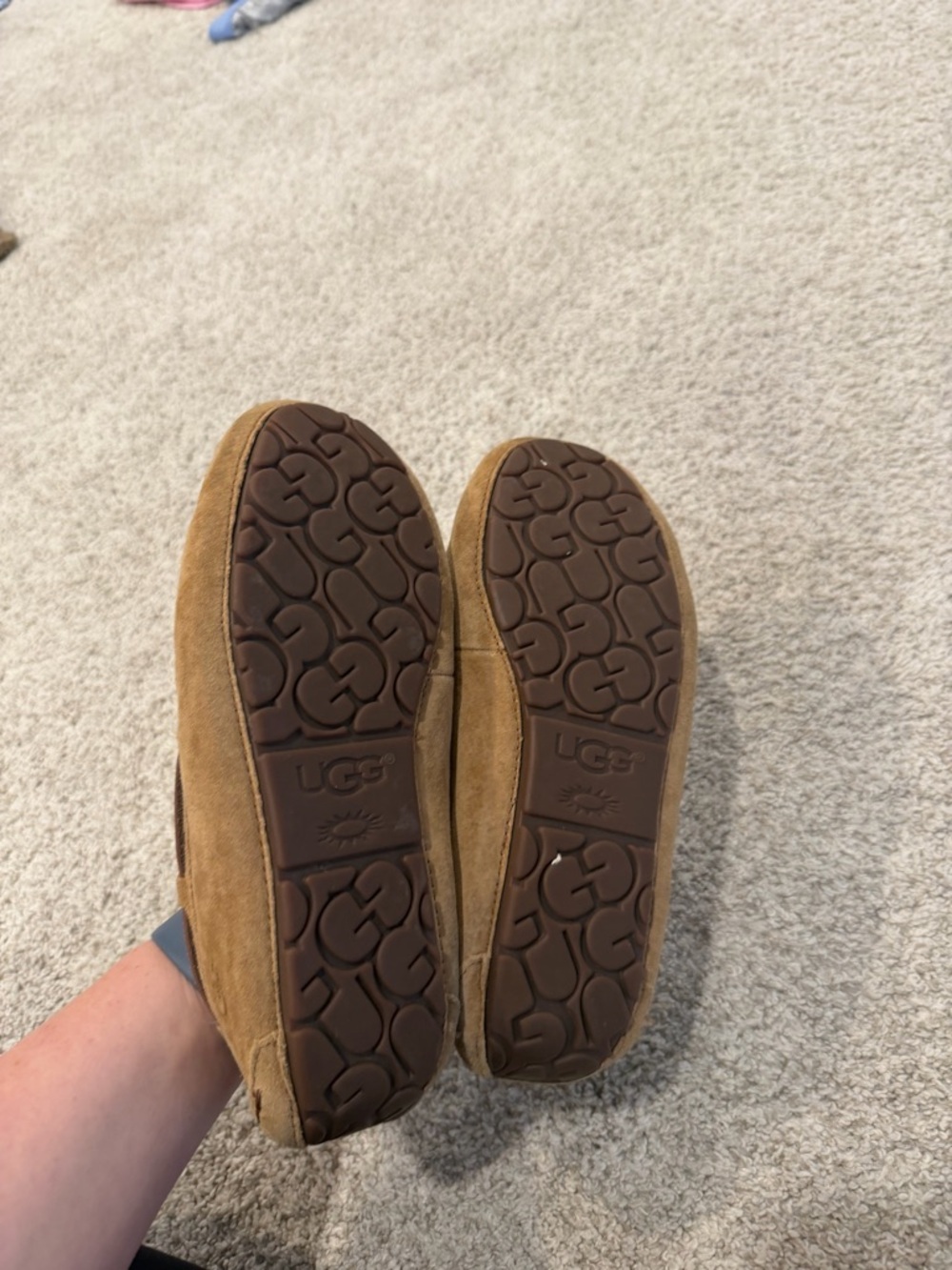 UGG Tan Suede Moccasin Slippers with Shearling - Picture 5 of 6